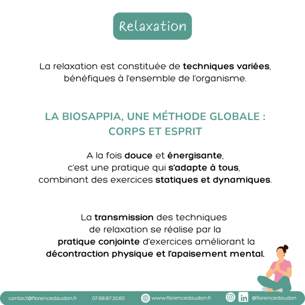 relaxation Paris 75012 Blois 41 technique occidental oriental synergie varié exercice pratique simple agréable détente bien-être Biosappia