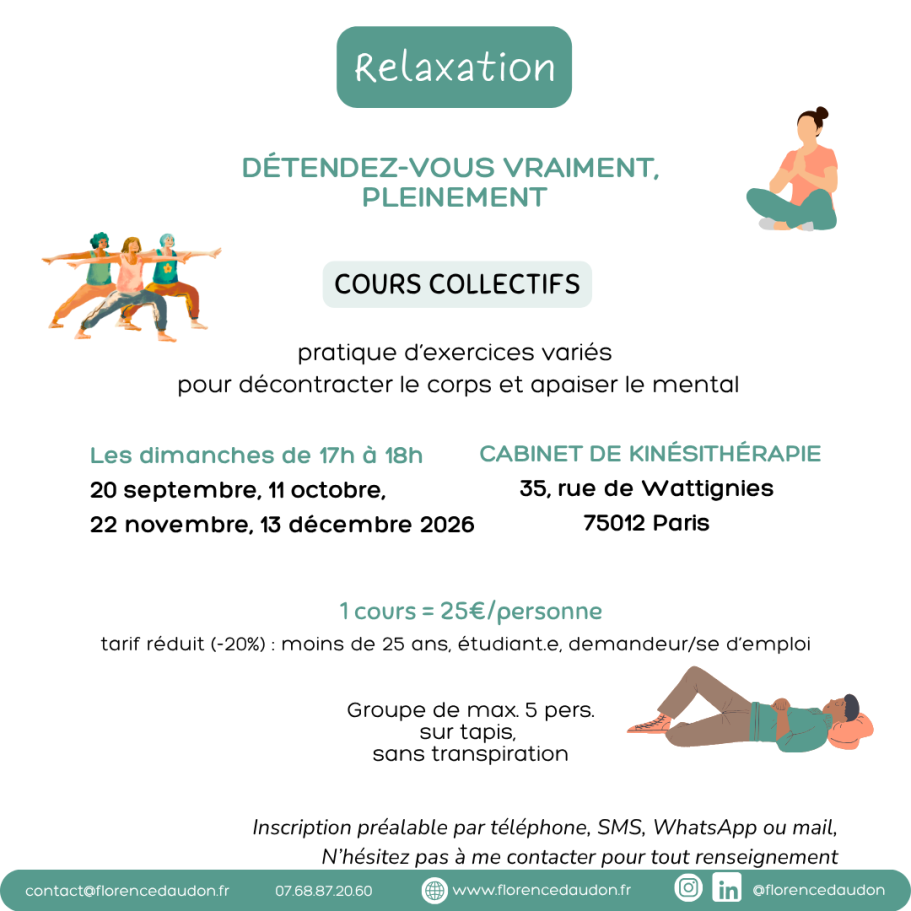 cours collectifs de relaxation 2026 Paris 75012